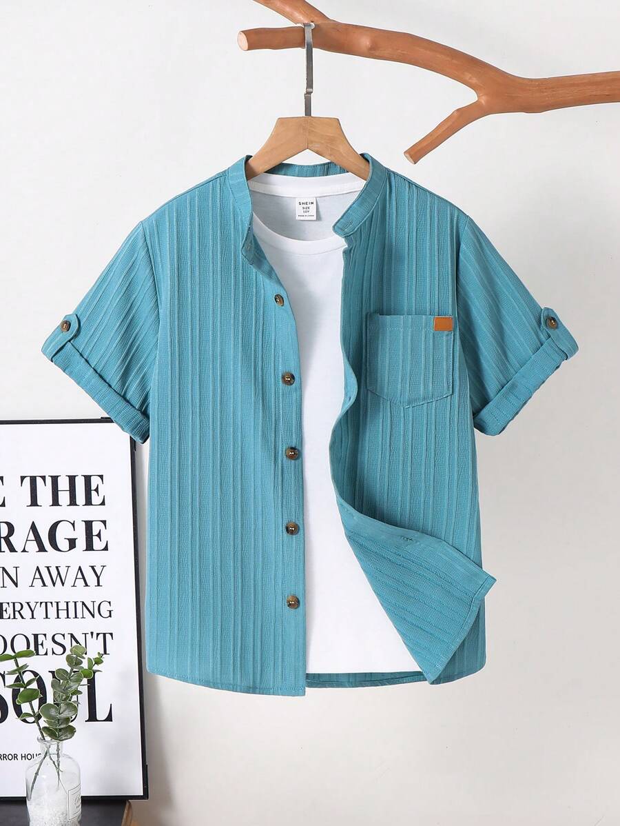 SHEIN 青少年男孩纹理休闲立领短袖衬衫 - 綠色 - 查看 1