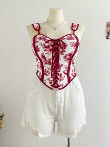 SHEIN WYWH CURVE Áo ba lỗ buộc dây phía trước họa tiết hoa đỏ cỡ lớn cho nữ, Áo khoác ngoài cho kỳ nghỉ mùa xuân - Nhiều màu - Xem 8