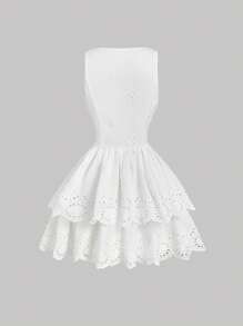 SHEIN MOD White Embroidered V-Neck Ruffle Hem Dress For Women