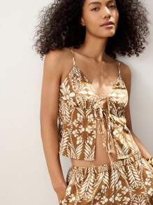 Maija 女士棕色夏季服装：可调节肩带露背植物印花短款上衣和松紧腰阔腿裤 2 件套 - 白色 - 查看 3