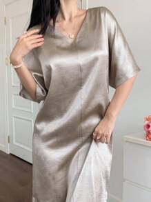 DAZY Solid Color Textured V-Neck Midi Dress For Women - Gold - View 4