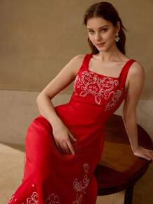 MOTF PREMIUM 亚麻刺绣连衣裙 - 紅色 - 查看 4