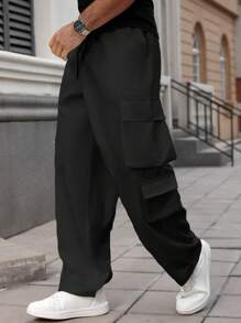 Manfinity Homme 大码男士简约休闲纯色抽绳腰工装裤 - 黑色 - 查看 1