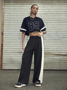 Streetz SHEIN Sport Pantalones casuales holgados con cintura elástica y piernas anchas de color contrastante para mujer