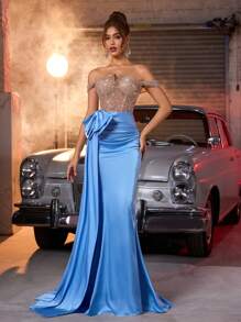 Glamrae Elegant Light Blue Contrast White Luxury Pearl Sequin Off Shoulder V-Neck Waist Mesh See-Through Fishtail Side Drape Bow Trailing Party Dress, Suitable For Date, Vacation, Singles Party, Wedding, Formal Occasion, Gown, For Evening, Wedding Guest - Blue and White - View 2