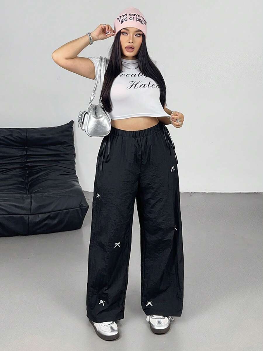 Flirla Women Plus Size Bow Casual Pants - Black - View 1
