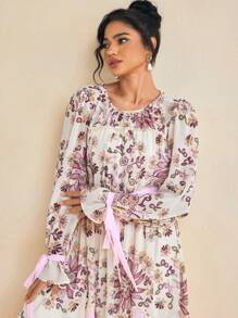 Claire Tale Robe longue grande taille imprimée à motif floral rococo printemps été en mousseline transparente, manches bouffantes, ceinturée, à ligne A, pour vacances - Multicolore - Voir 5