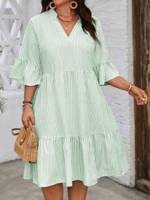 SHEIN LUNE 大码V领条纹短袖连衣裙，夏季时尚 - 薄荷綠 - 查看 3