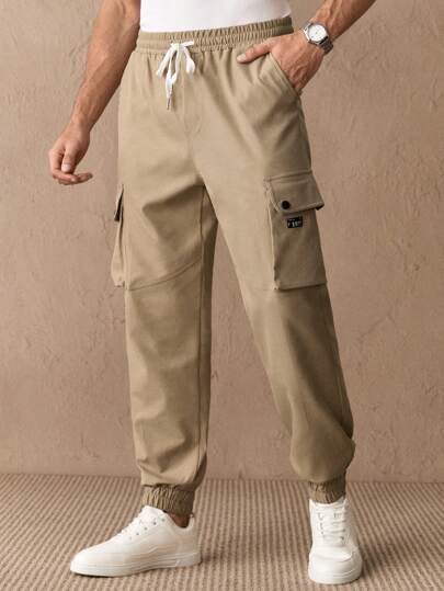 GENTILAND Calça cargo masculina casual de tecido plano, cintura média, com cordão e vários bolsos. Ideal para caminhadas e trilhas. Cor cáqui.