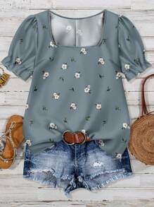 SHEIN LUNE Blusa de manga abullonada con cuello cuadrado y estampado floral verde de estilo minimalista informal, adecuada para vacaciones de verano en tallas grandes