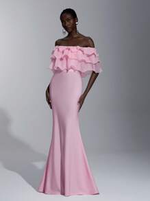 SHEIN Belle Elegant, romantic, demn roz tricotat țesătură elastică, fără mâneci, umăr asimetric, volană, decor, rochie de petrecere cu tivul coadă de pește, potrivită pentru petrecerea de aniversare, nuntă, domnișoară de onoare - Baby Pink - Vizualizare 6