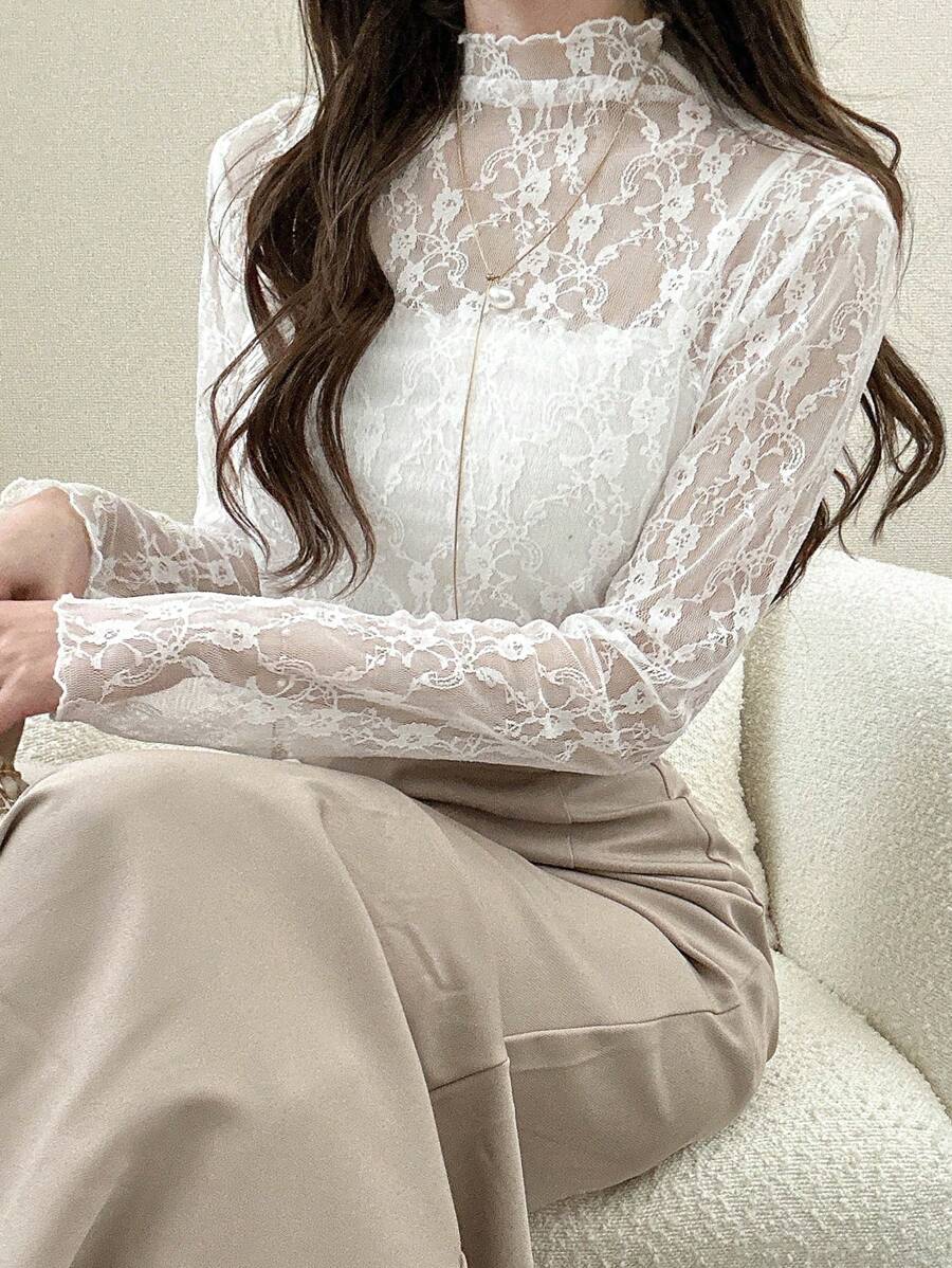 FRIFUL 女士优雅性感透明蕾丝修身衬衫长袖女式上衣，秋季女装