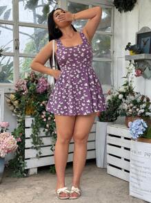 SHEIN EZwear 大码女式无袖碎花连体裤，带口袋 - 紫羅蘭色 - 查看 7