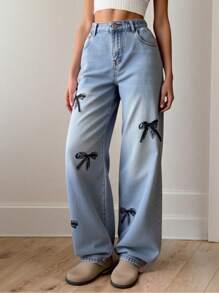 Tween Girls' Extra Long Blue Denim Jeans With Bowknot Appliques Girls' Vintage Butterfly Print Straight Wide Leg Jeans Stylish Blue Denim Extra Long Jeans For Tween Girls With Cute Bowknot Details - Blue - View 2