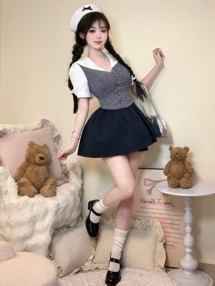 Navy Collar Ruffle Dress Slim-Fit American Sailor Style College Dress,Mini Dress,Casual Women Dresses