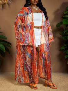 SHEIN CURVE+ Plus Size Women's Sheer Drawstring Waist Blouse, Abstract Striped And Printed Pattern, Casual For Beach, Boho And Daily Wear, Summer, Curve Plus, Boho Vacation Beach For Woman, Beach Vacation ,Beach Essentials , Graduation, Tea Party - Multicolor - View 4