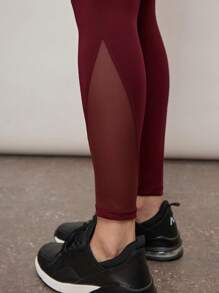Activina Solid Color High Waist Mesh Patchwork Tight Yoga Leggings - Burgundy - View 3