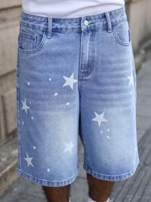 Manfinity Hypemode Men's Casual Star Print Denim Shorts, Summer College Going Out Urban Hang Out National Park