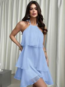 Firerie 浪漫露背多层下摆白色欧根纱吊带裙、泡泡袖连衣裙、娃娃裙、情人节约会礼服 - 藍色 - 查看 3