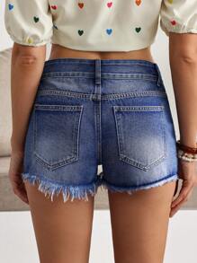 Breezaya Women's Casual Blue Denim Mini Shorts With Ripped Details - Blue - View 4