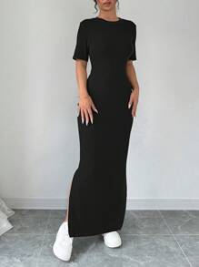 SHEIN PETITE 女式夏季纯色开叉大腿T恤连衣裙（不带包）超长女装 - 黑色 - 查看 4