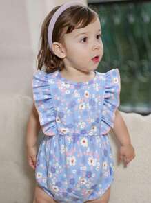 Souflis Souflis Baby Girl Sweet Fresh Ditsy Floral Print Lace Hem Bodysuit, Country Style Suitable For Summer