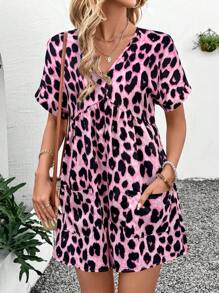SHEIN LUNE Women's Casual Leopard Print Romper: Short Sleeve V-Neck Ruffle Hem Polyester Playsuit With Pockets - Multicolor - View 3