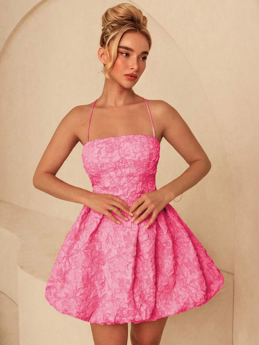 Glamine Sensual Design Backless Spaghetti Strap Peplum Waist Mini Dress For Women - Hot Pink - View 1