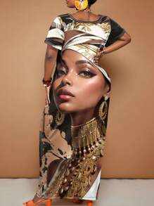 Maweii 大码女式口袋性感连衣裙，金色女人图案