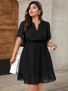 Calvaya Vestido corto elegante y digno de corte evasé con cuello en V para mujer de talla grande (sin cinturón), de verano - Negro - Ver 3