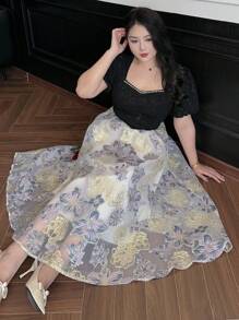 Dazy Plus Robe longue à manches bouffantes avec imprimé floral bicolore, pour porter lors de cérémonies, au printemps/été, robe décontractée pour femmes, robe de bal élégante pour femmes - Noir - Voir 4