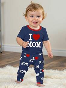 Baby Boy Casual Slim Fit Round Neck Soft Short Sleeve Top And Pants Homewear Set, Snug Fit, Spring/Summer