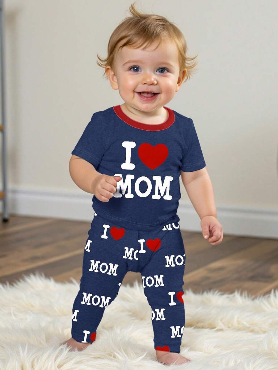 Baby Boy Casual Slim Fit Round Neck Soft Short Sleeve Top And Pants Homewear Set, Snug Fit, Spring/Summer