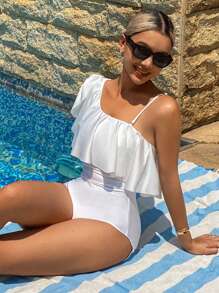 Livesso 1 pièce Maillot de bain une pièce simple et à la mode, couleur unie et sexy, convient pour l'été et les vacances avec volants - Blanc - Voir 7