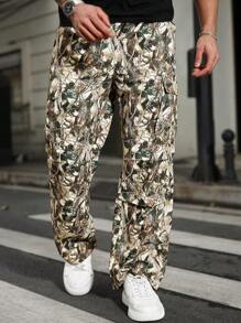 Manfinity LEGND Pantalones cargo informales con estampado de plantas para hombres de talla grande
