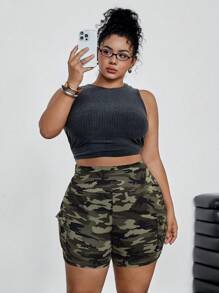 SHEIN EZwear Plus Size Elastic Camouflage Print Shorts Summer Vacation Cowgirl Western Wear Women Business Casual Woman Festival Airport Graduation Rave Rave Festival Y2k Women Cowboy Streetwear Gyaru 2000s Disco Cargo Shorts - Multicolor - View 4