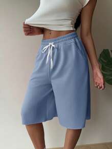 SHEIN EZwear Summer Haze Blue Knit Wide Leg 3/4 Pants - Dusty Blue - View 3