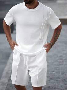 Manfinity Homme 2pcs/Set Plus Size Men's Summer Casual Solid Color Round Neck Short Sleeve T-Shirt And Shorts, Cozy Outfits - White - View 1