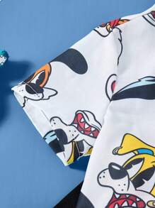 SHEIN 2 pezzi Completo casual per bimbi piccoli con camicia a colletto e pantaloni con stampa colorata di cani, con borsa a tracolla, adatto per attività all'aperto, primavera/estate