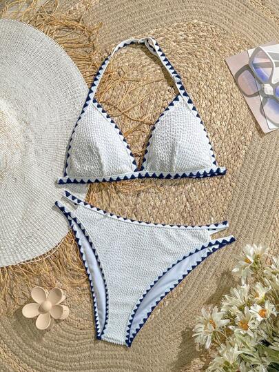 SHEIN Teen Girls White Knitted Texture Blue Shell Craft ,Summer Beach Whip Stitch Halter Triangle Bikini Set,Beach Outfit Bathing Suit Summer,Summer Beach