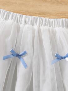 SHEIN 2 件套青少年女孩休闲优雅度假套装，蓝色 T 恤，纹理面料短袖和白色蝴蝶结网眼裙，适合上学、郊游和度假，春夏季 - 彩色 - 查看 3