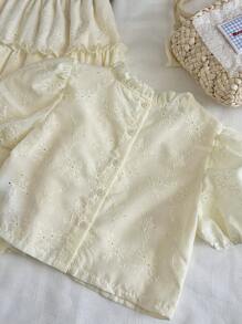 SHEIN Vintaside Kids 女童纯色短袖优雅衬衫和简约裙子两件套服装，春夏韩版风格 - 杏色 - View 7