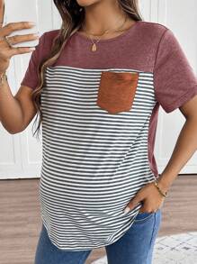 SHEIN Maternity Casual Striped Knitted Fabric T-Shirt With Pocket, Burgundy And Gray, Round Neck And Short Sleeves, Asymmetric Hem, Semi-Sheer, Long Length For Stylish Comfort - Burgundy - View 4