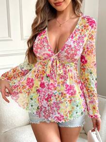 SHEIN VCAY Floral Print Bell Sleeve Knit Mesh Tops For Women, Summer Outfits For Women, Vacation Outfits Women, Beachwear, Easter, Beach Outfits For Women, Summer Clothes - Multicolor - View 7