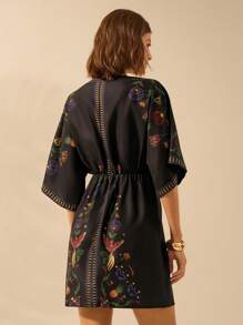 CAJUNI Women's Boho Vacation Parrot, Pineapple, Tropical Plant Printed V-Neck Batwing Sleeve Tie-Knot Waist Short Summer Vacation Dress - Multicolor - View 7