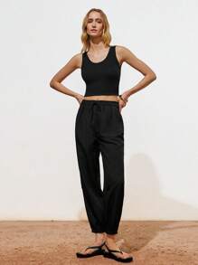 Lumivelle Pantalones largos casuales diarios de mujer con cintura con cordón y bolsillo oblicuo de unicolor