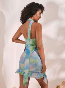 Opulessa Knitted Mesh Print Bodycon Mini Dress For Women - Blue - View 2