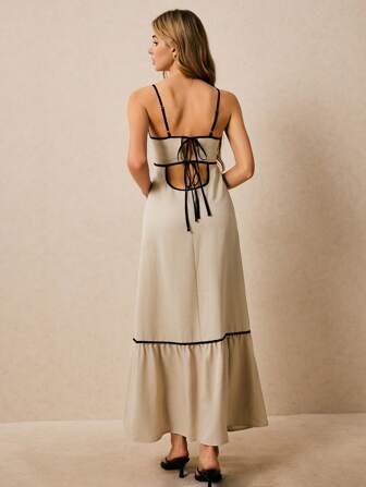 Poéselle 女士优雅撞色饰边露背吊带连衣裙，黑色撞色荷叶边连衣裙，夏季女士连衣裙