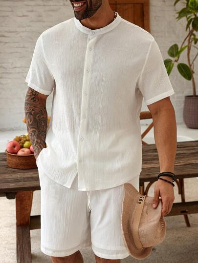 Manfinity Homme 男士纯色度假休闲纯色纽扣衬衫和抽绳腰短裤，适合送给男朋友的礼物