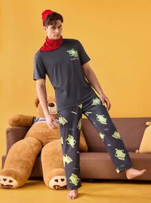 Happy Jammies Set de pijamale pentru bărbați, cu mâneci scurte și cu imprimeu cu scrisori și desene animate